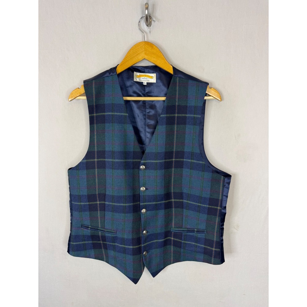 James Pringle Weavers Scotland Wool Vest Mens Large Plaid Tartan Waistcoat Navy